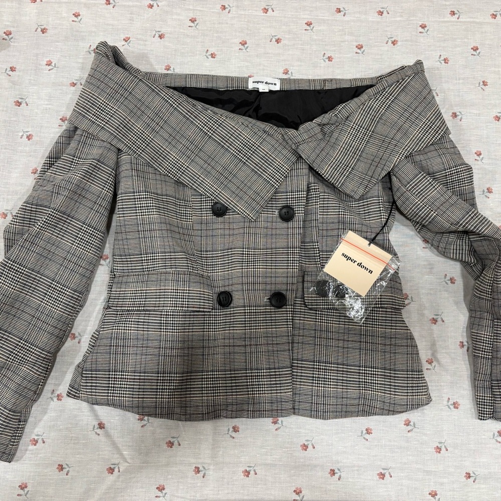 superdown Black and Gray Plaid Off-Shoulder Blazer